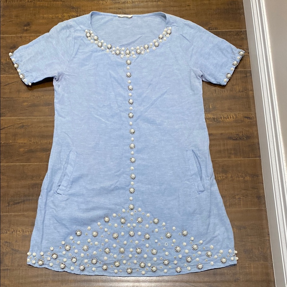 Light Blue Dress with Pearl Embellishments